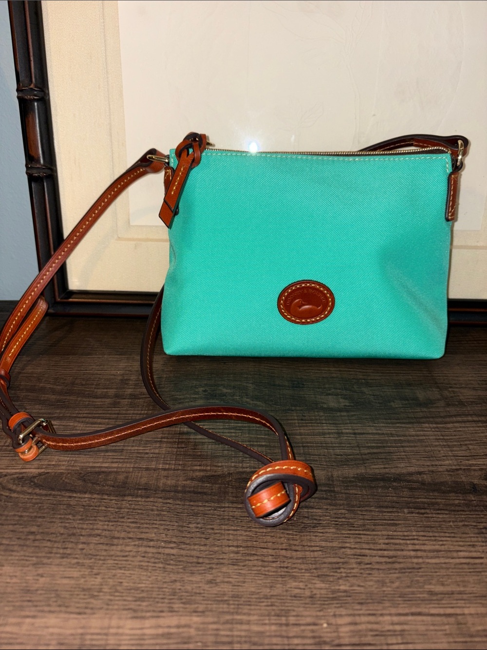 Dooney & Bourke Mint Aqua Nylon Crossbody Pouchette Purse with Leather Trim EUC